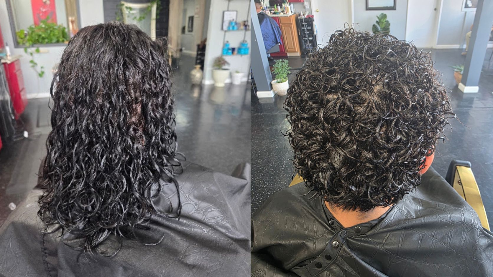 Comparison of two perm results: long waves and short curls on dark hair, viewed from behind at GMS Beauty Salon